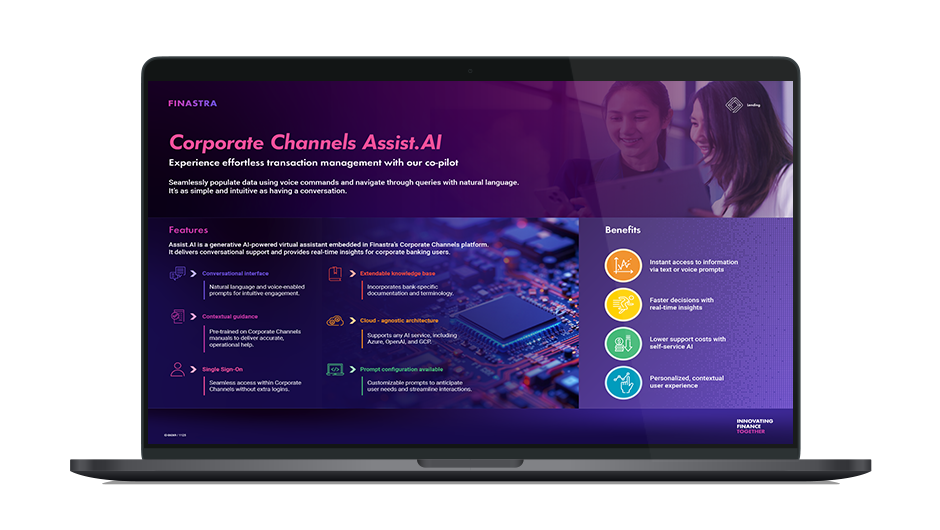 Image of laptop with cover slide of "Corporate Channels Assist.AI" infographic