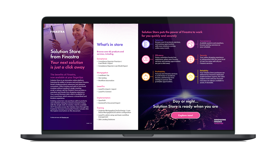 Image of laptop showing the "Finastra Solution Store" infographic