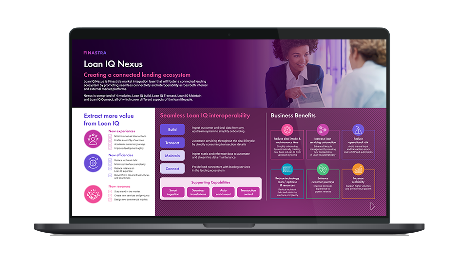 Image of laptop with cover slide for the "Loan IQ Nexus: Bringing interoperability to the loan market" infographic