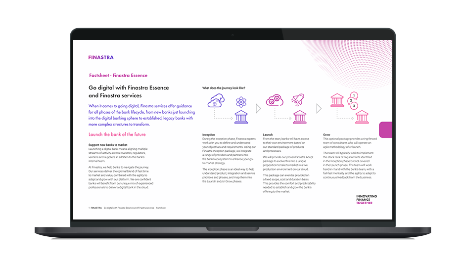 Image of laptop with cover slide for "Go digital with Finastra Essence and Finastra Services" brochure