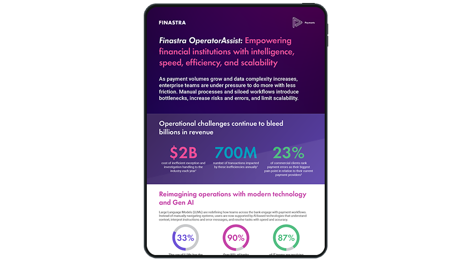 Cover image of "Finastra OperatorAssist: Empowering financial institutions with intelligence, speed, efficiency, and scalability" infographic