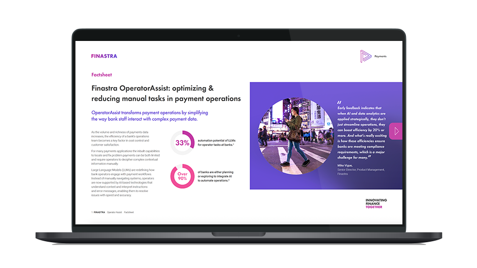 Image of laptop with cover slide of "Finastra OperatorAssist - Unlocking end‑to‑end efficiency and enhancing customer outcomes" brochure