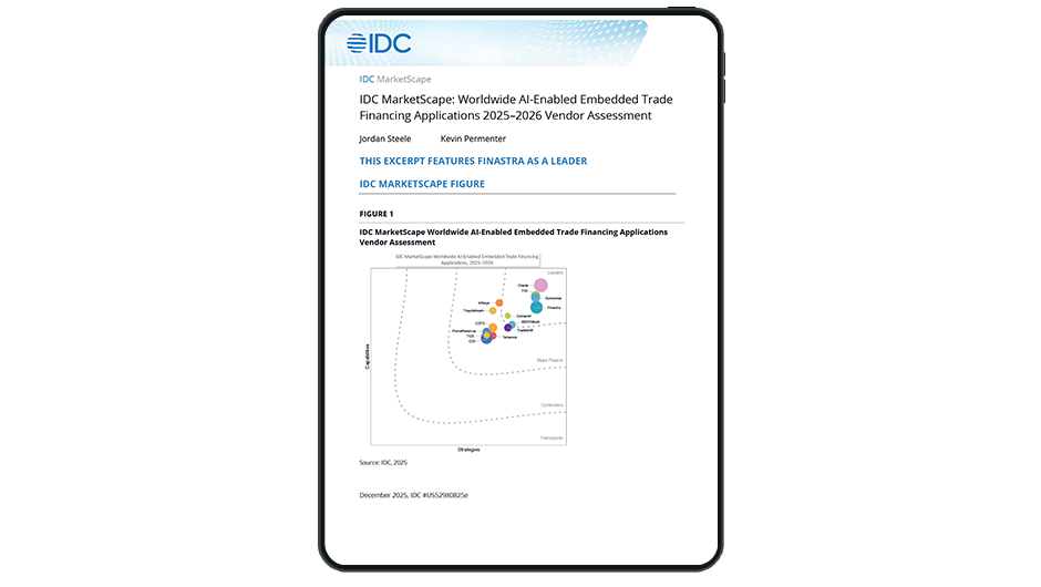Cover image for "IDC MarketScape: Worldwide AI-enabled trade financing applications 2025-2026 vendor assessment" report