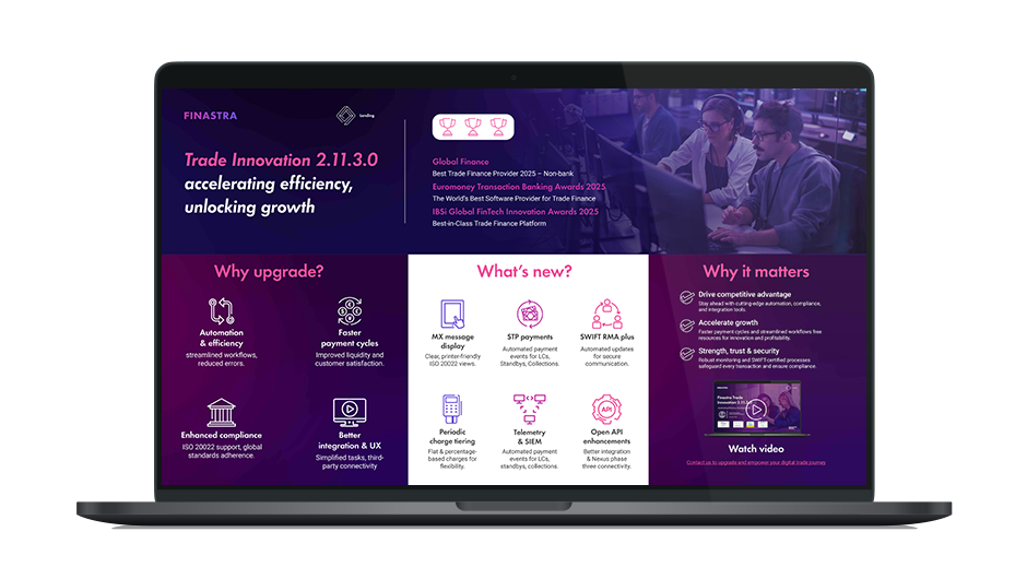 Image of laptop with cover slide for the "Transform trade finance with Trade Innovation 2.11.3.0" infographic