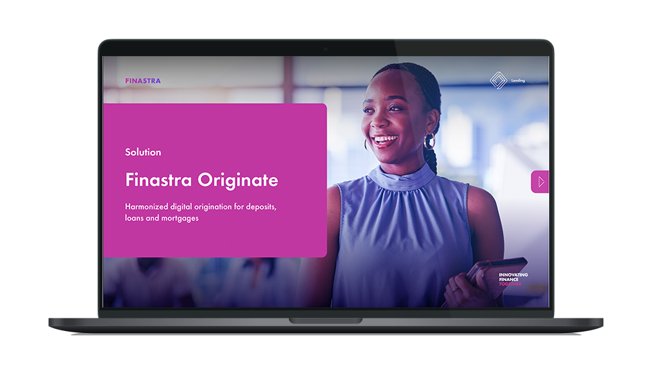 Image of laptop with cover slide for the "Finastra Originate - Digital origination for deposits, loans and mortgages" brochure