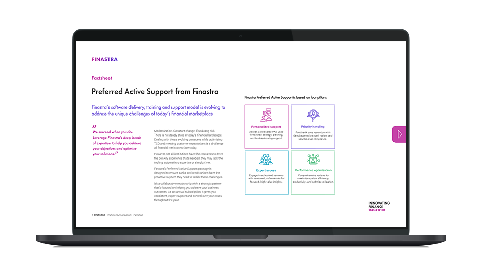 Image of laptop with cover slide for the "Finastra Preferred Active Support for Retail Lending" factsheet