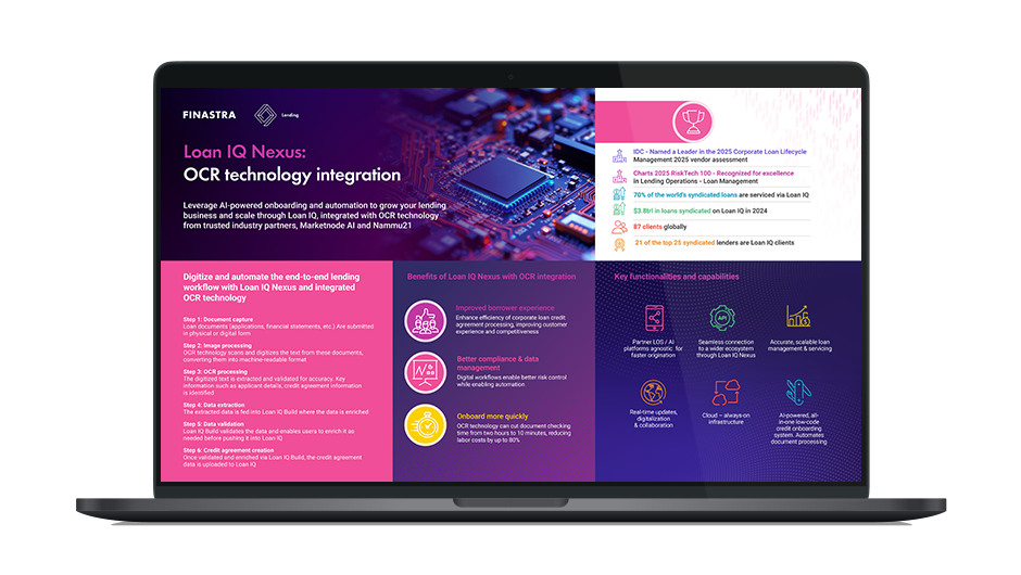 Image of laptop with cover slide of "Loan IQ Nexus and OCR Technology for streamlined loan onboarding" infographic