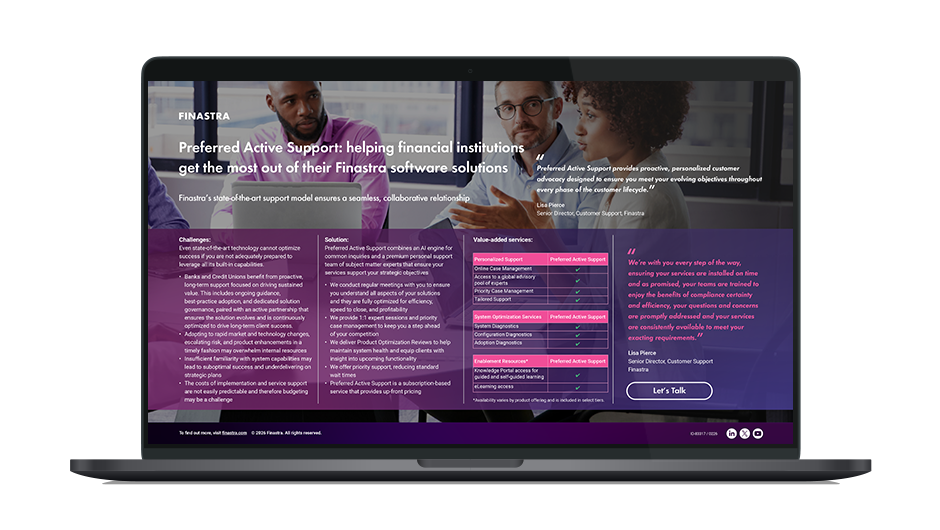 Image of laptop with cover slide for the "Preferred Active Support (Retail Lending): Helping financial institutions get the most out of their Finastra software solutions" infographic