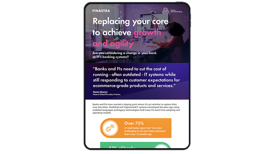Image of tablet with cover slide of "Replacing your core to achieve growth and agility" infographic