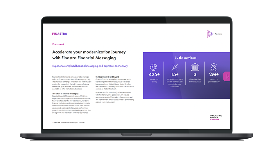 Image of laptop with cover slide for the "Accelerate your modernization journey with Finastra Financial Messaging" brochure