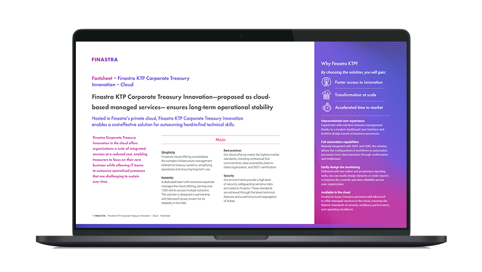Image of laptop with cover slide of "Finastra KTP Corporate Treasury Innovation - Cloud Services" brochure