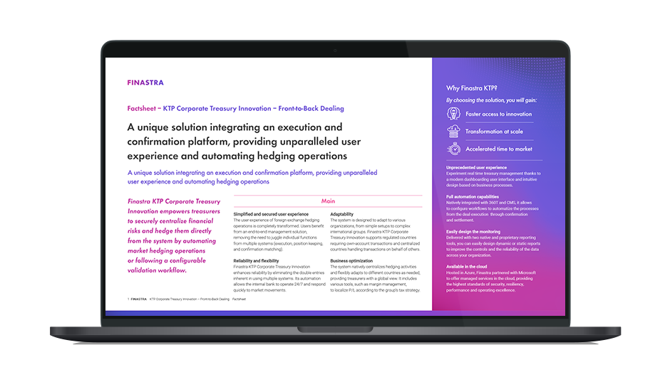 Image of laptop with cover slide of "Finastra KTP Corporate Treasury Innovation - Front-to-Back Dealing" brochure