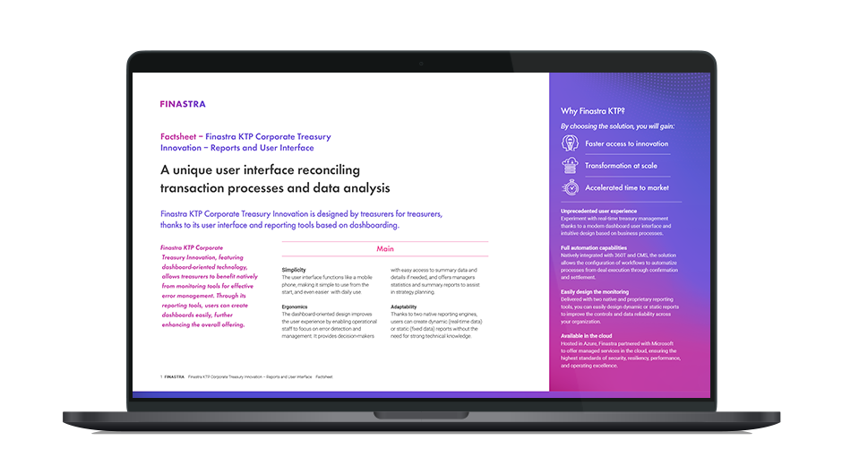 Image of laptop with cover slide of "Finastra KTP Corporate Treasury Innovation - Reports and User Interface" brochure