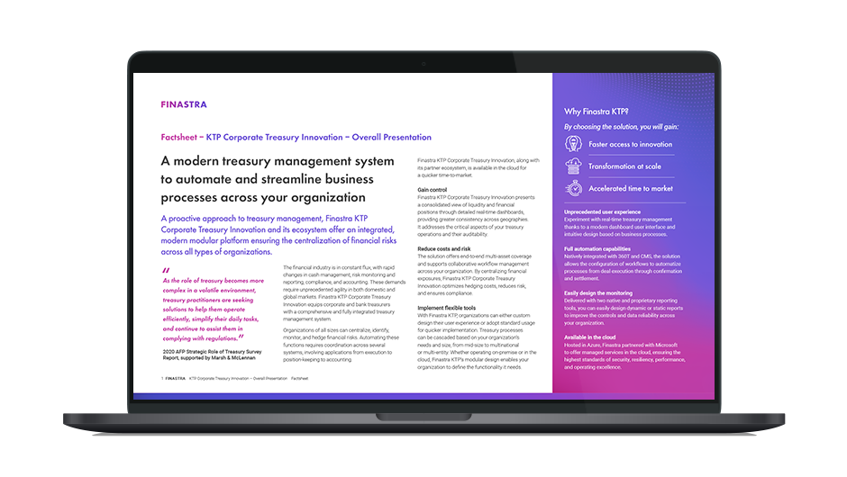 Image of laptop with cover slide of "Finastra KTP - Modernized solution now available" brochure