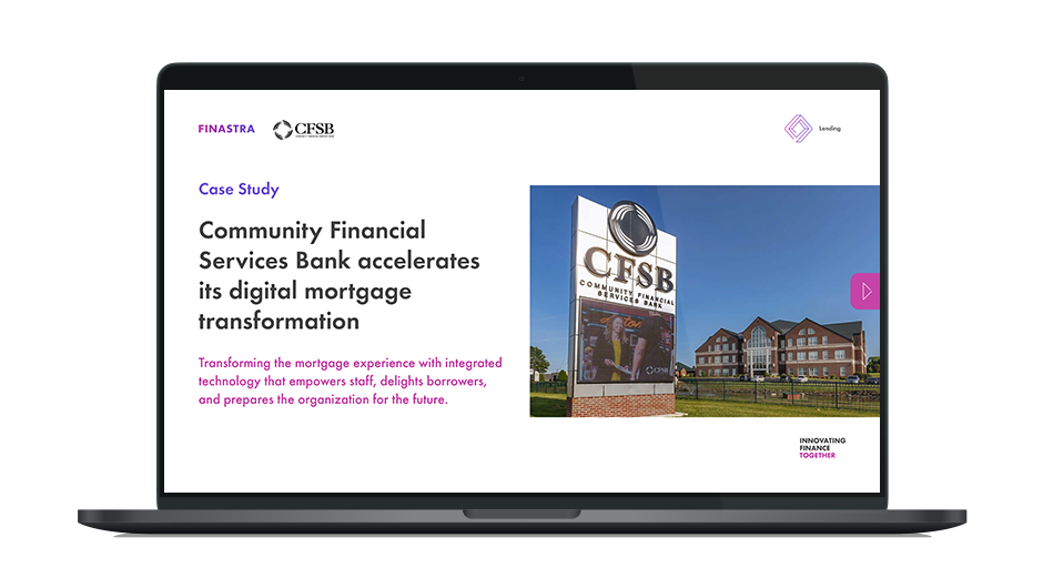 Image of laptop with cover slide for the "How CFSB modernized mortgages with Finastra’s integrated lending ecosystem" brochrure
