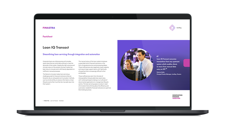 Image of laptop with cover slide for the Loan IQ Transact factsheet