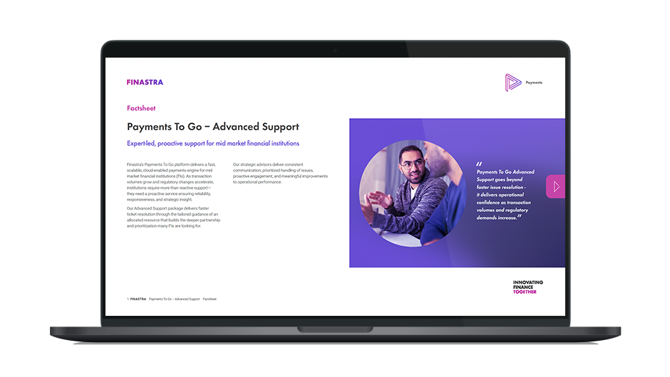 Image of laptop with cover slide of "Payments To Go Advanced Support: Proactive expertise for high‑performance payment operations" brochure
