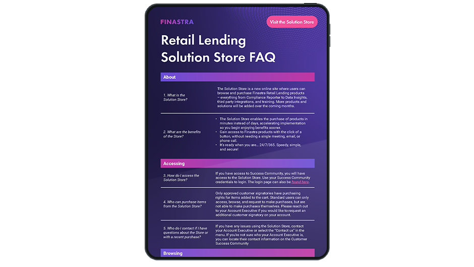 Image of tablet with cover slide of "Retail Lending Solution Store FAQ" infographic