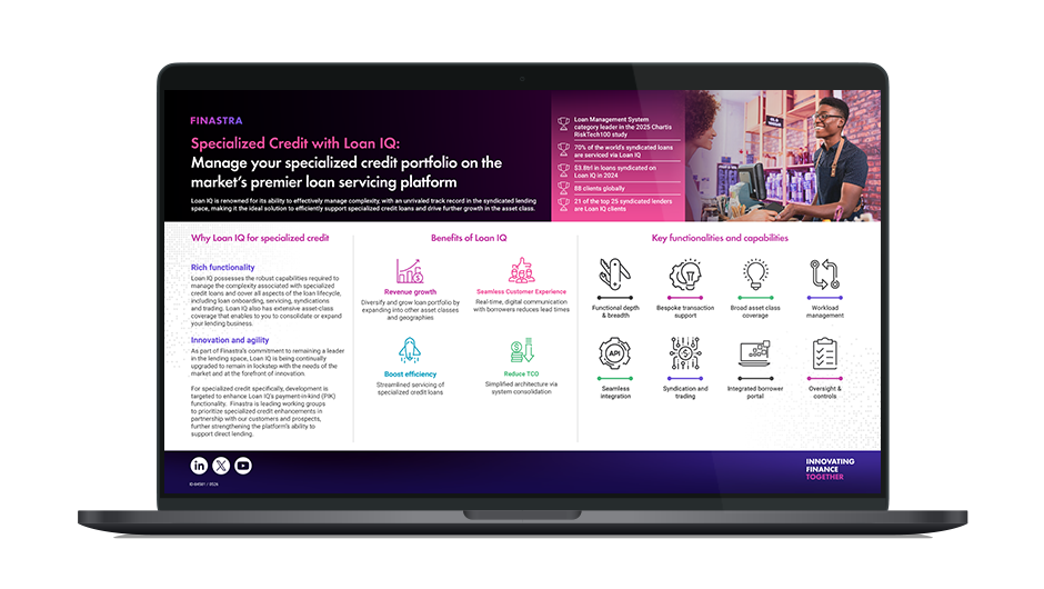 Image of laptop with cover slide for the "Specialized Credit solutions powered by Loan IQ" infographic