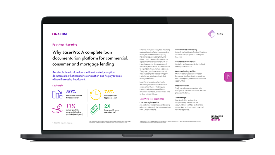 Image of laptop with cover slide of "Transform lending efficiency with LaserPro: compliance‑ready documentation for every Loan" factsheet