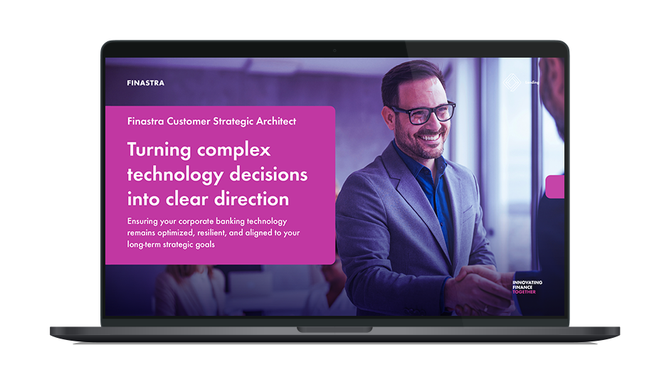 Image of laptop with cover slide of "Finastra Customer Strategic Architect: Turning complex technology decisions into clear direction" brochure