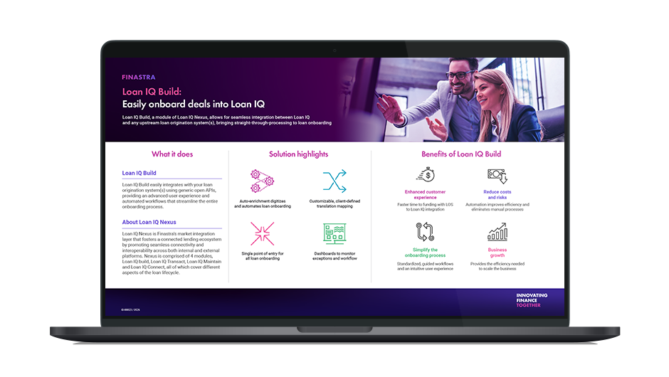 Image of laptop with cover slide of "Loan IQ Build: Simplifying loan onboarding" infographic