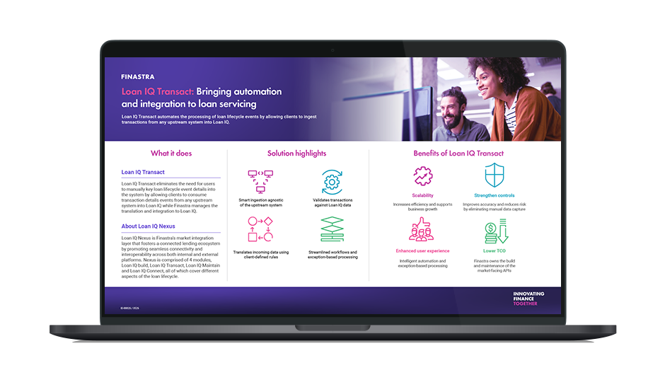 Image of laptop with cover slide of "Loan IQ Transact: Streamlining loan servicing through integration" infographic