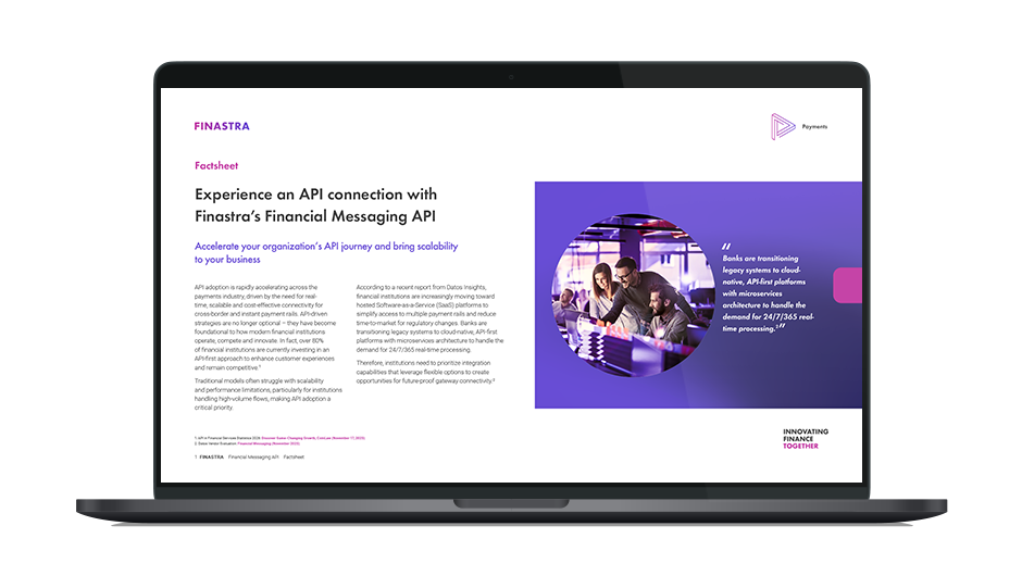 Image of laptop with cover slide of "Experience an API connection with Finastra’s Financial Messaging API" brochure