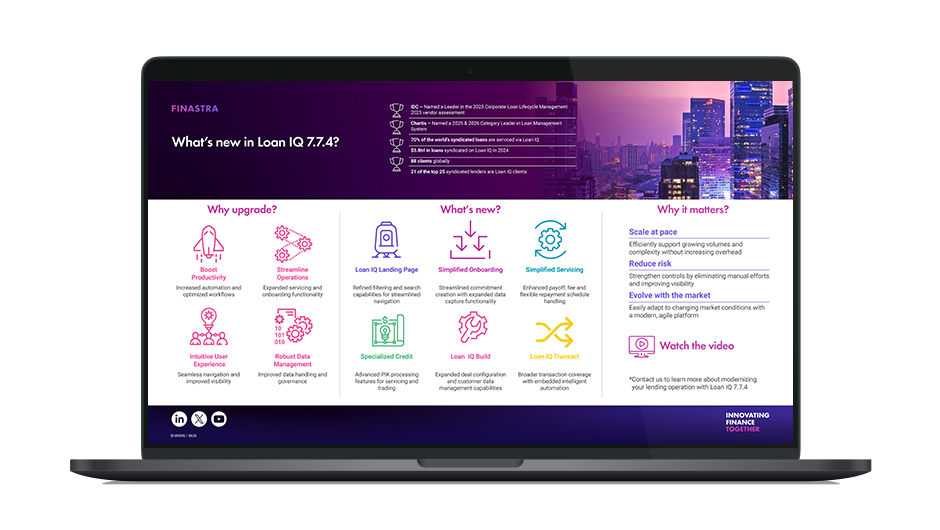 Image of laptop with cover slide for the "Loan IQ 7.7.4: Smarter Corporate Lending" infographic