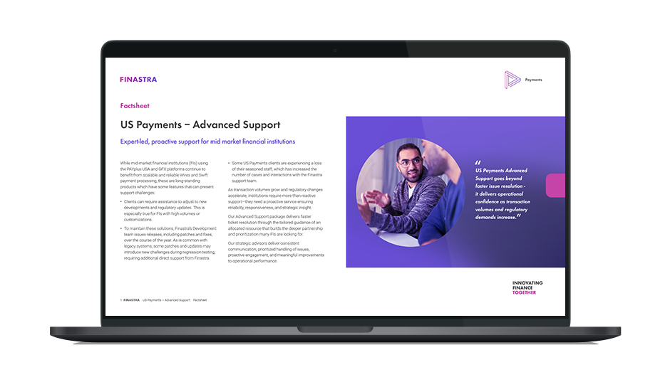Image of laptop with cover slide of "US Payments Advanced Support: Proactive expertise for high‑performance US payment operations" brochure