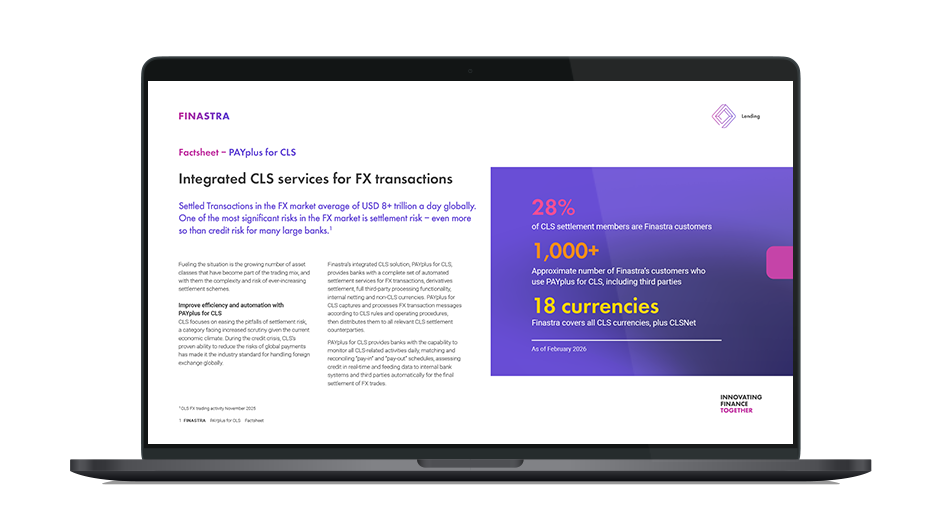 Image of laptop with cover slide of "Finastra PAYplus for CLS: Integrated CLS services for FX transactions" brochure