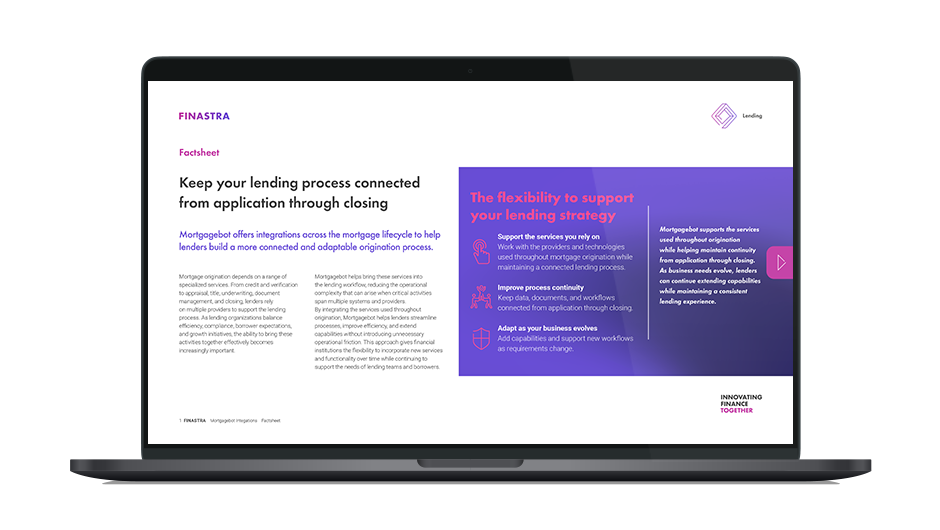 Image of laptop with cover slide for the "Keep your lending process connected with Mortgagebot integrations" factsheet