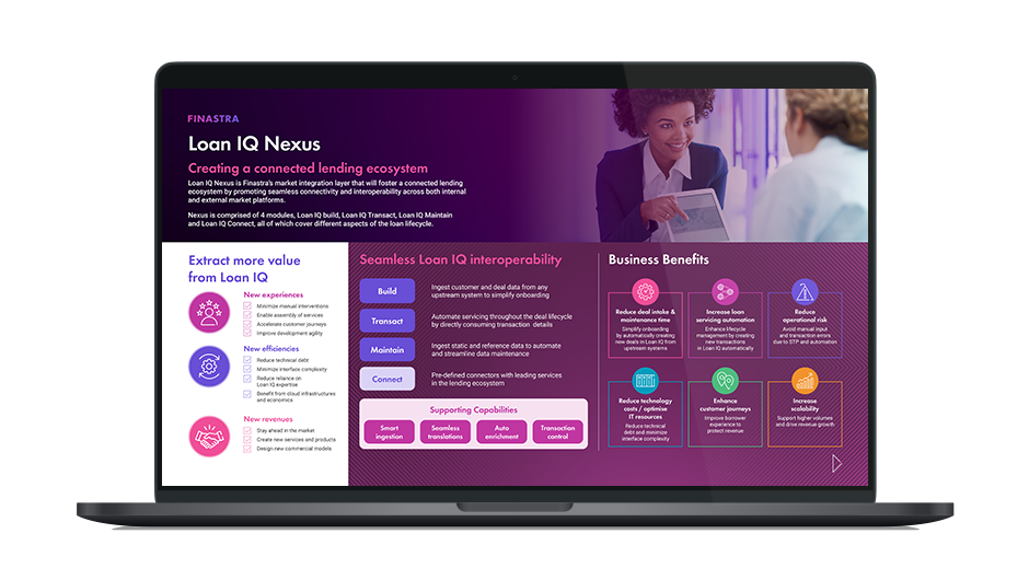 Image of laptop with cover slide for the "Loan IQ Nexus: Bringing interoperability to the loan market" infographic