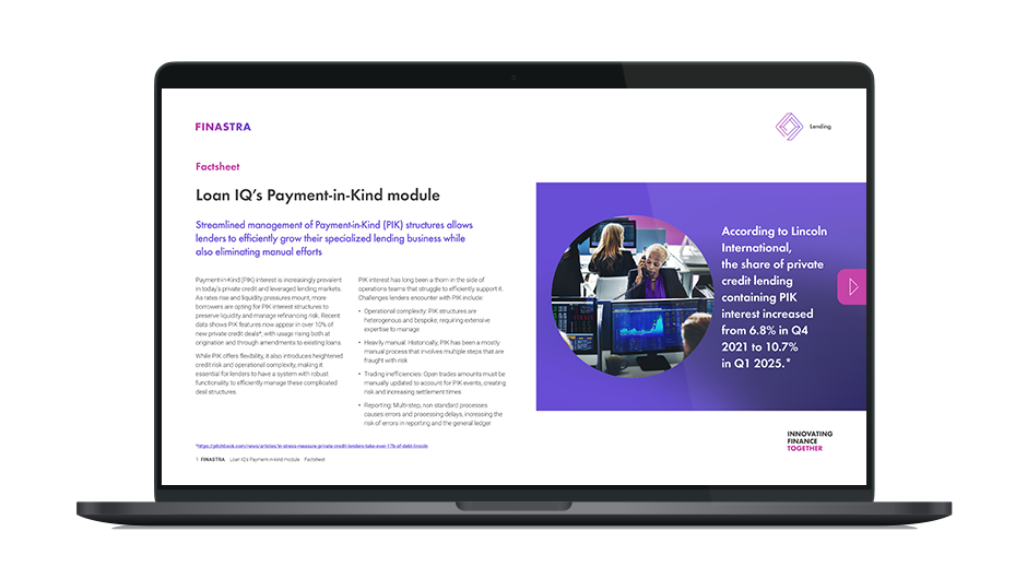 Image of laptop with cover slide for the "Loan IQ's Payment-in-Kind (PIK) module" brochure