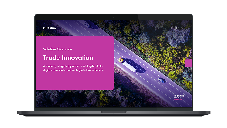 Image of laptop with the cover slide of the "Modernizing trade finance for a connected world" solution overview