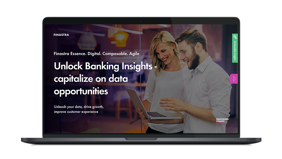 Image of laptop with cover slide for the "Unlock banking insights - capitalize on data opportunities" brochure