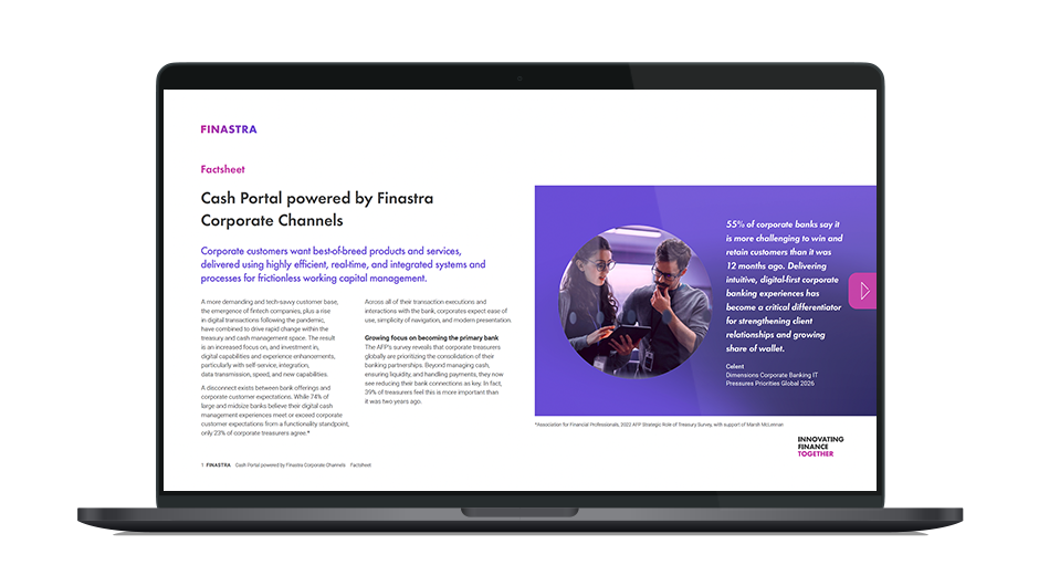 Image of laptop with cover slide for "Cash Portal powered by Finastra Corporate Channels" brochure