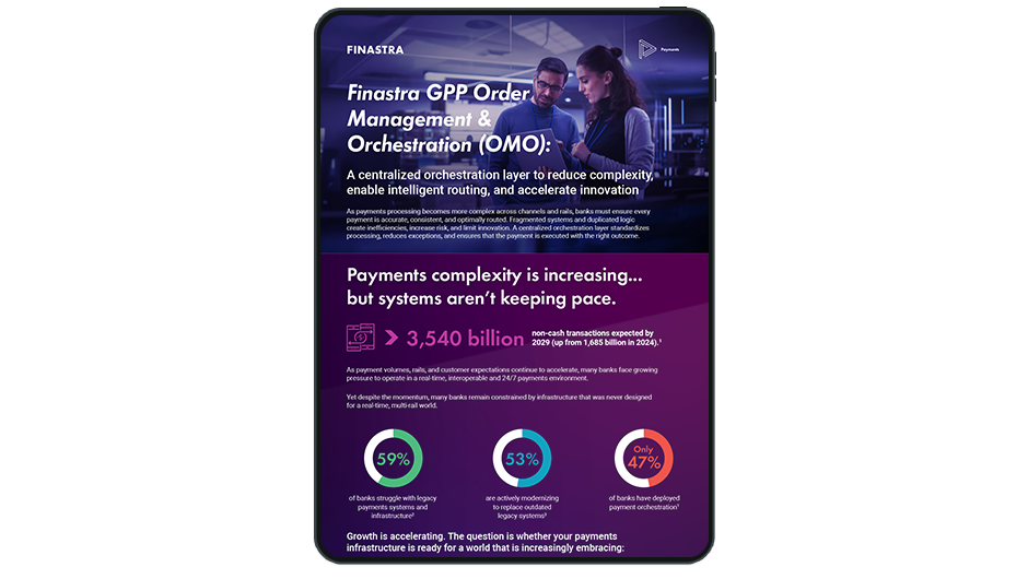 Image of tablet with cover slide of "Finastra GPP Order Management & Orchestration: A centralized orchestration layer for modern payments" infographic