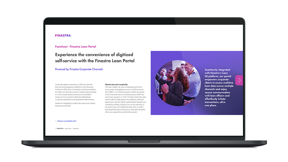 Image of laptop with cover slide of "Finastra Loan Portal" brochure