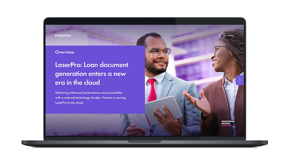Image of laptop with cover slide for "LaserPro: Loan document generation enters a new era in the cloud" brochure