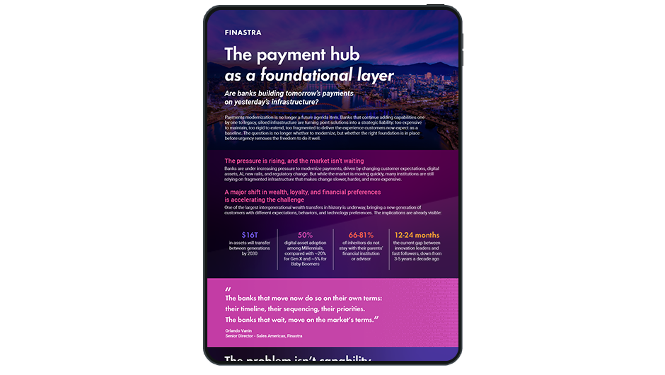 Image of tablet with cover slide of "Modernizing payments: the case for a payment hub" infographic