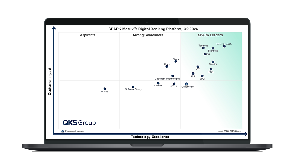 Image of laptop with cover slide for the "QKS Group SPARK Matrix™: Digital Banking Platform, Q2 2026" report