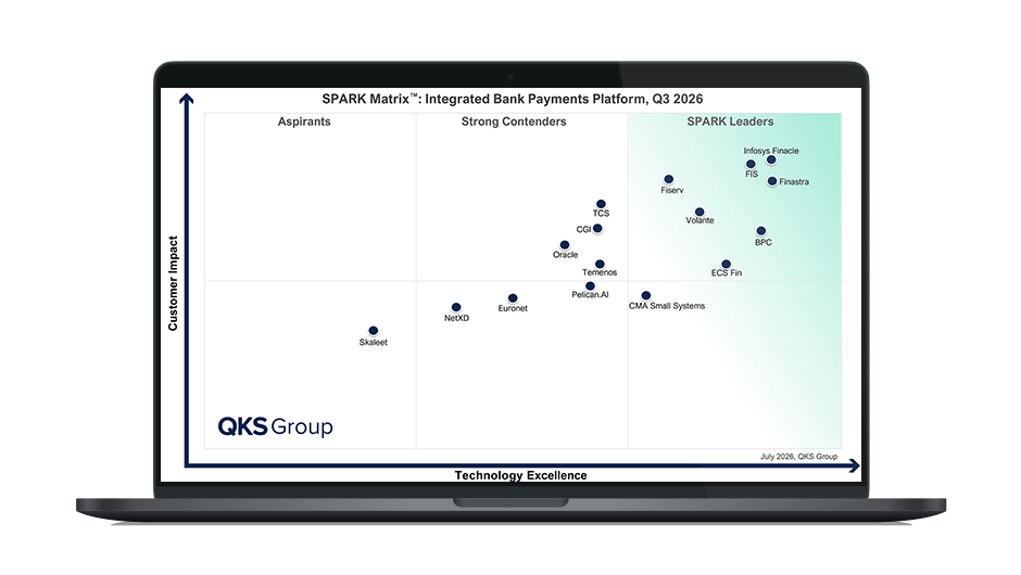 Image of laptop with cover slide of "QKS Group SPARK Matrix™: Integrated Bank Payments Platform, Q3, 2026" report