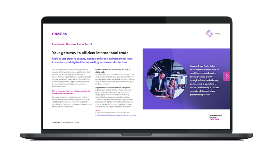 Image of laptop with cover slide of "Trade Portal powered by Finastra Corporate Channels" factsheet