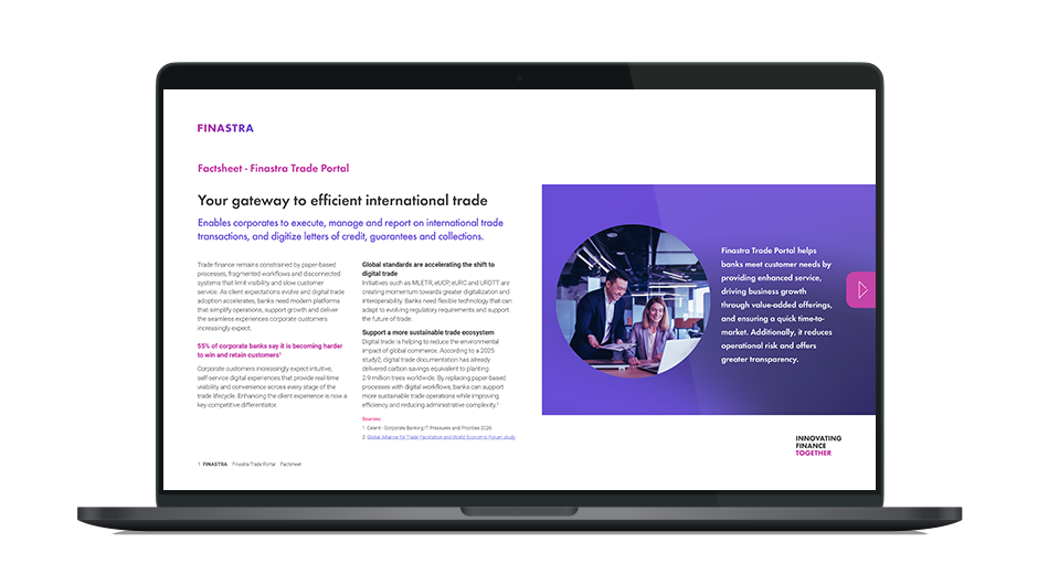Image of laptop with cover slide of "Trade Portal powered by Finastra Corporate Channels" factsheet