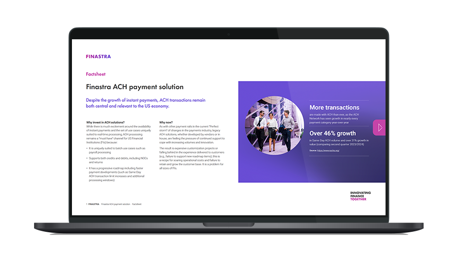 Image of laptop with cover slide for the "ACH payments in the US continue to grow: How will mid-market organizations respond?" factsheet