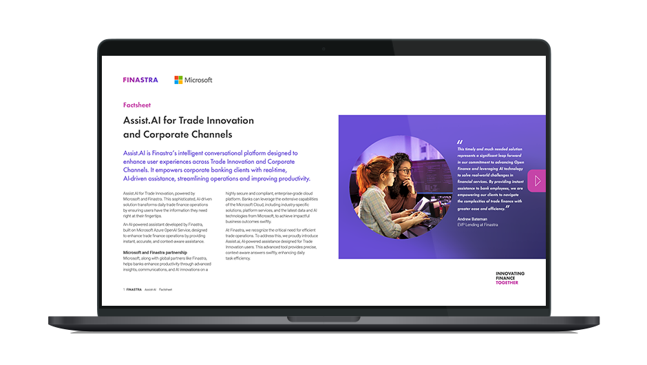 Image of laptop with cover slide for the "Assist.AI – Finastra’s conversational platform for Corporate Banking" factsheet