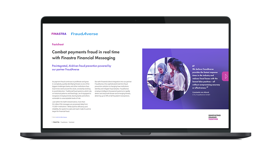 Image of laptop with cover slide for the "Combat payments fraud in real time with Finastra Financial Messaging" factsheet