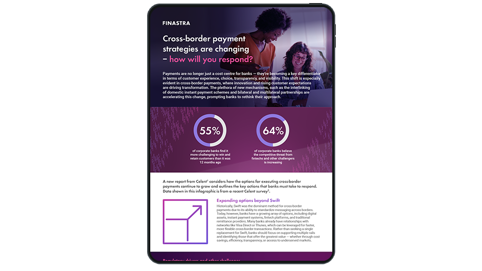 Image of tablet with cover slide of "Cross-border payment strategies are changing – how will you respond?" Infographic