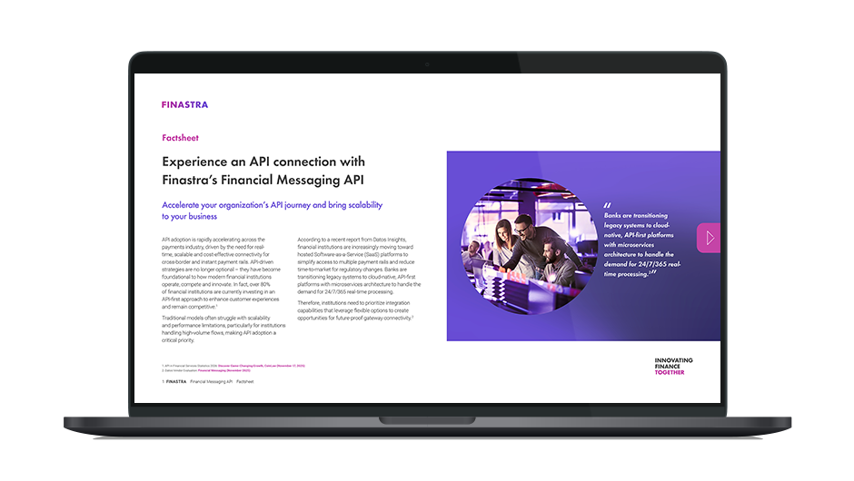 Image of laptop with cover slide of "Experience an API connection with Finastra’s Financial Messaging API" brochure